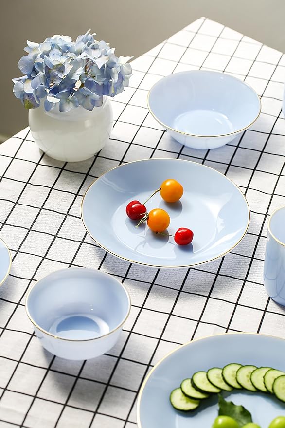 8-Inch Glass Dinner Plates Set of 6 – Elegant Blue with Gold Trim and Non-Slip Base, Handcrafted for Family Dining, Entertaining, or Gifts
