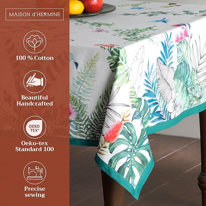Maison d' Hermine Table Cloth Rectangle Table 100% Cotton 60 x 90 Inches Tablecloth Reusable Decorative for Dining Room Farmhouse Home Valentines Day Decorations Spring Summer - Tropiques