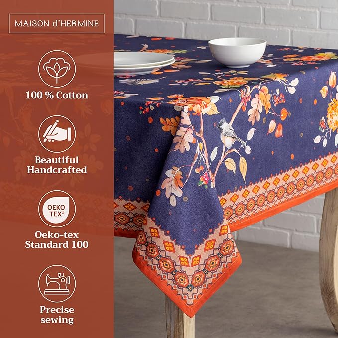 Maison d' Hermine Table Cloth Rectangle Table 100% Cotton 60 x 108 Inches Fall Tablecloth Reusable Everyday Use for Thanksgiving Christmas Decorations Dining Farmhouse Party (Kelim - Infinity)