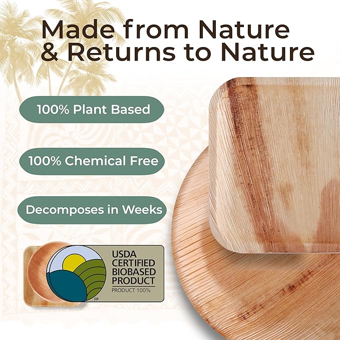 Indie Palm Disposable Palm Leaf Plates – 50 Pack 8 Inch Square – Heavy Duty, 100% Compostable & Biodegradable – Eco-Friendly Alternative to Plastic & Bamboo – Perfect for Parties & Events