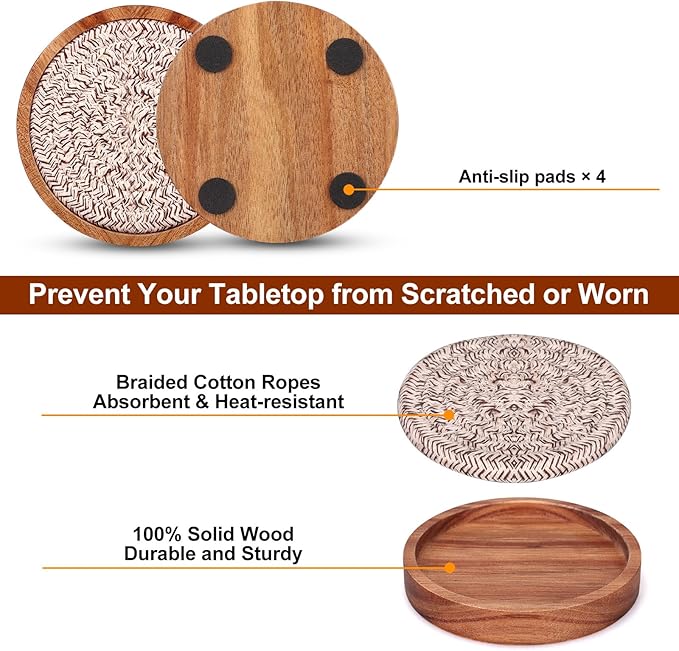 Best Absorbent Wooden Coasters Set of 5 Mixed Brown Woven Coaster Modern 4 Inches Acacia Wood Coasters for Drinks, Coffee Table Decor, Farmhouse, Bar, Office, Beer, Kitchen, Dining Room, Outdoor, Desk