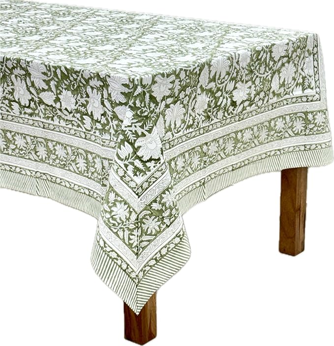 ATOSII Noori Green 100% Cotton Tablecloth, Block Print Rectangle Table Cover for Dining, Parties, Weddings, Outdoors, Holidays, 60 X 108 Inches, 8 Seater I Grandmillennial Preppy Boho Farmhouse Summer