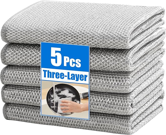 JOYMOOP Multipurpose Non-Scratch Wire Dishwashing Rag for Wet and Dry, Reusable Cleaning Cloths, Scrubbing Pads for Dishes, Glass, Stainless Steel - 5 Pack