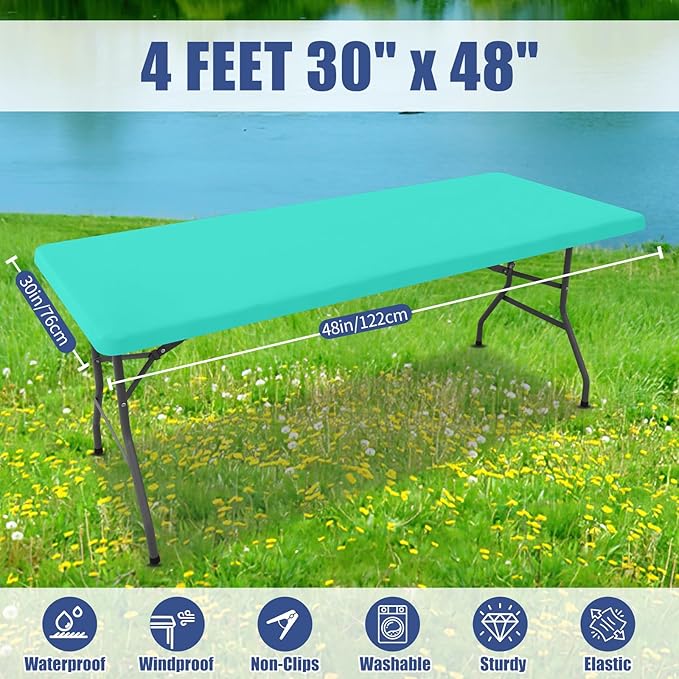 Spandex 4 Foot Rectangle Table Cloth 2 Pack, Elastic Fitted Tablecloths for Picnic, Stretch Washable Patio Table Cover for Outdoor, Camping, Banquet and Parties (Aqua Blue, 30"x48")