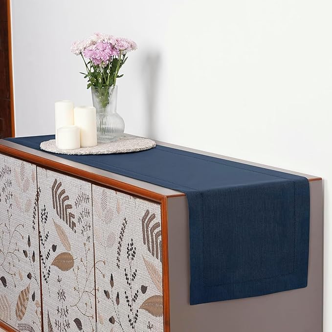 D'Moksha Homes Linen Navy Blue Table Runner 48 Inches - Classic Hemstitch, 100% Pure Linen Coffee Table Runner 14 x 48 Inch Ideal for Dresser Tables - Easter