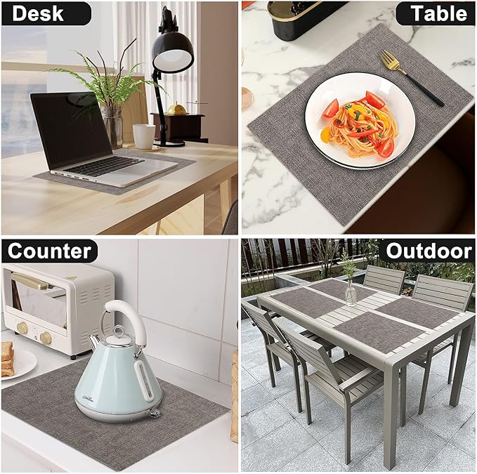 Leather Heat Resistant Placemats Set of 6 Waterproof Wipeable Washable PU Table Mats,Easy to Clean Anti-Slip Place Mats (Smokey Grey, 6)
