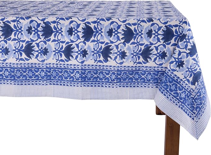 ATOSII Positano Blue 100% Cotton Rectangle Fall Tablecloth, Handblock Floral Linen Table Cloth for Dining Table I Parties Christmas Thanksgiving Grand Millennial Home Decor 72 X 140 Inches I 12 Seater