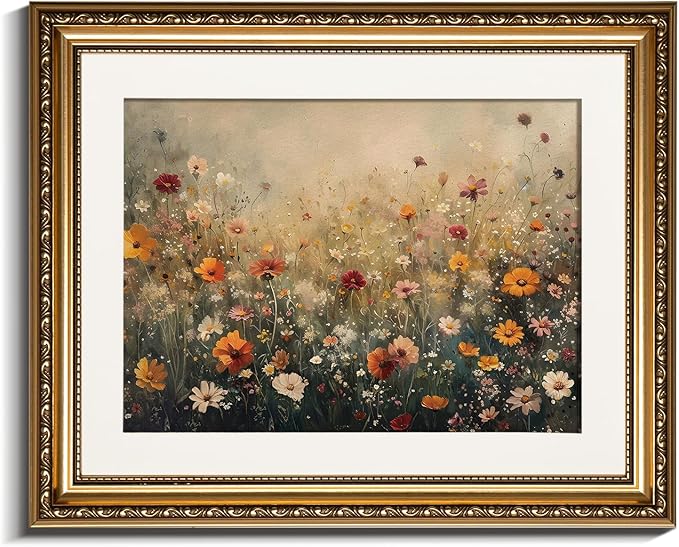 InSimSea Gold Picture Framed Wall Art, Living Room Nature Landscape Flower Wildflower Canvas Print Wall Decor, Vintage Landscape Home Farmhouse Decor, Antique Paintings with Frame 13x16inch