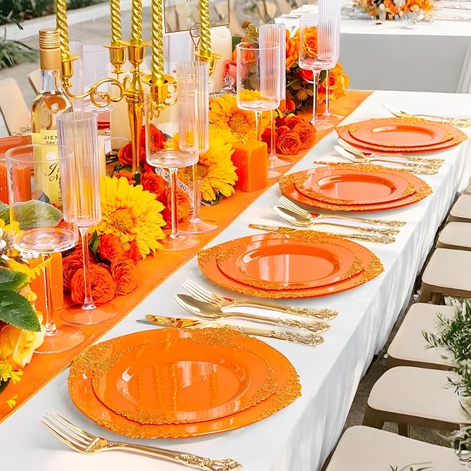 102PCS Orange Plastic Plates - Orange and Gold Disposable Plates - Party Plate with Gold Rim - Vintage Disposable Plate Serving for 51Guests for Party & Wedding