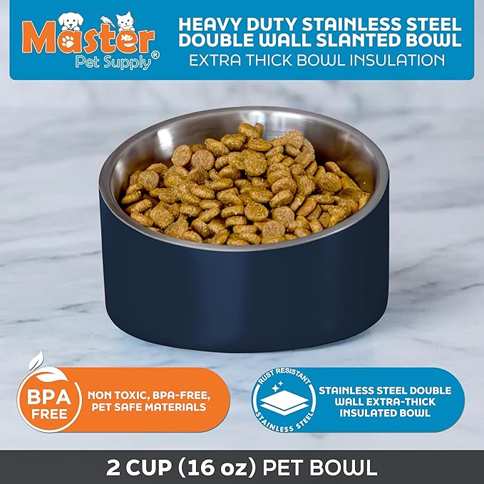 Master Pet Supply Stainless Steel Slanted Dog Cat Food Bowl - 16 oz Heavy Duty - Navy Blue, Double Wall Insulated, Non-Slip Elevated Bowl for French Bulldogs Pugs Cats, Anti Rust Dishwasher Safe