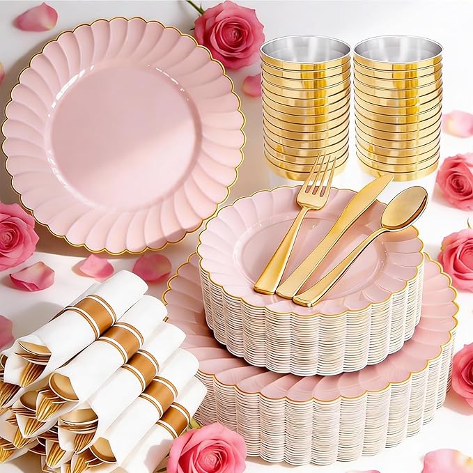 YOUBET 350PCS Pink Scalloped Plastic Plates - Pink and Gold Disposable Dinnerware Set Include 100 Plates, 150 Gold Silverware, 50 Cups, 50 Napkins for Wedding & Party Valentines Day
