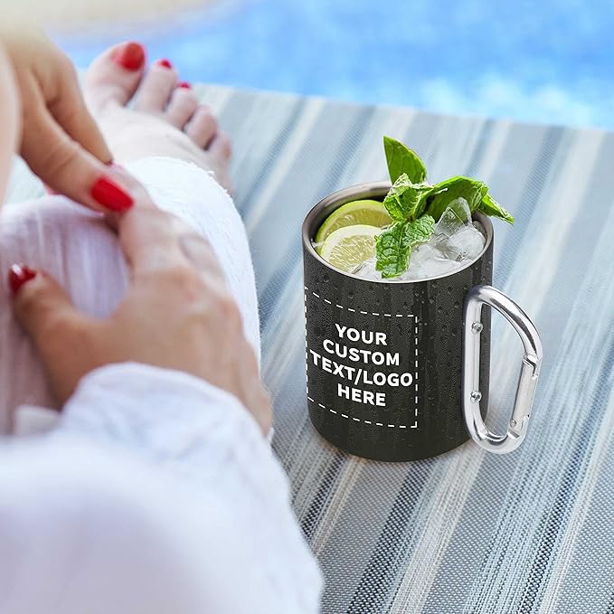 Custom Stainless Steel Mugs with Carabiner Handle 10 oz. Set of 100, Personalized Bulk Pack - Perfect for Coffee, Soda, Other Hot & Cold Beverages - Army Green