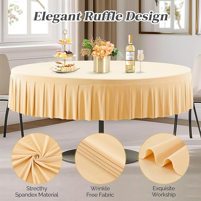 2 Pack Champagne Spandex Round Tablecloths for 60 inch Tables, Stretchy Fitted 5FT Round Table Cloths with Skirt for Wedding Party Dining Banquet