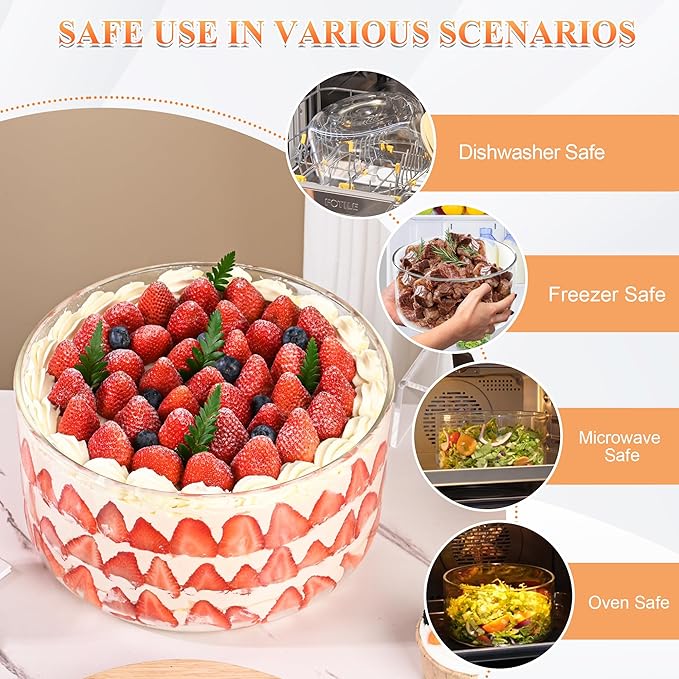 Large Salad Bowl, 10 inch Trifle Bowl Glass with Sealed Lid, Versatile Mixing and Serving Bowl for Laying Ice Cream, Cake, Salad, Fruit, Baking, Dessert and Party Diy, Microwave Safe