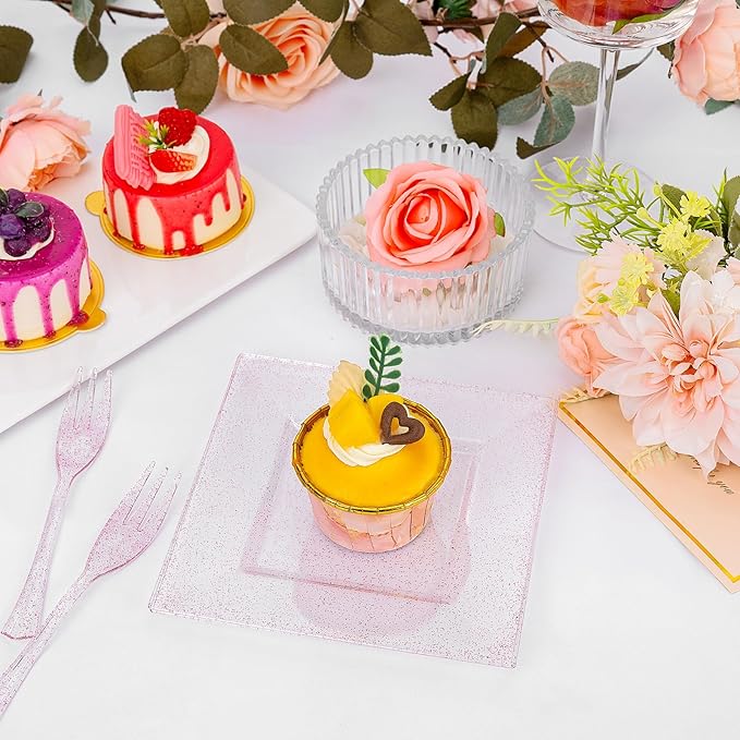 DaYammi 200 Pcs Pink Dessert Plates Including 100Pcs Appetizer plates 6'',100Pcs Plastic Forks 5.7'',Rose Glitter Plastic Square Plate for Wedding,Pink Cake plates and forks for Valentine's Day Party