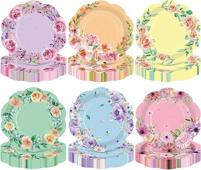 Umigy 120 Pcs Summer Fall Floral Party Plates 7 Inch Floral Paper Plates, Summer Flower Disposable Decorative Tableware for Birthday Wedding Baby Shower Tea Party Bridal Shower