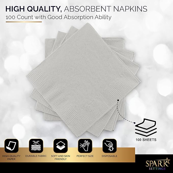 100 Pack Silver Beverage Napkins, Big Party Pack, 2 Ply, Ideal for Wedding, Party, Birthday, Dinner, Lunch, Cocktails. (5” x 5”) by Amcrate