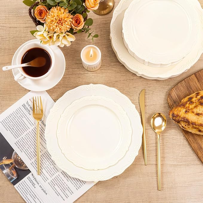U-QE 100 Pieces Ivory Plastic Plates for Party - Ivory Disposable Plastic Plates - Heavy Duty Disposable Platos Including 50 Dinner 10 '' & 50 Dessert 7.5 '' for Valentine's Day