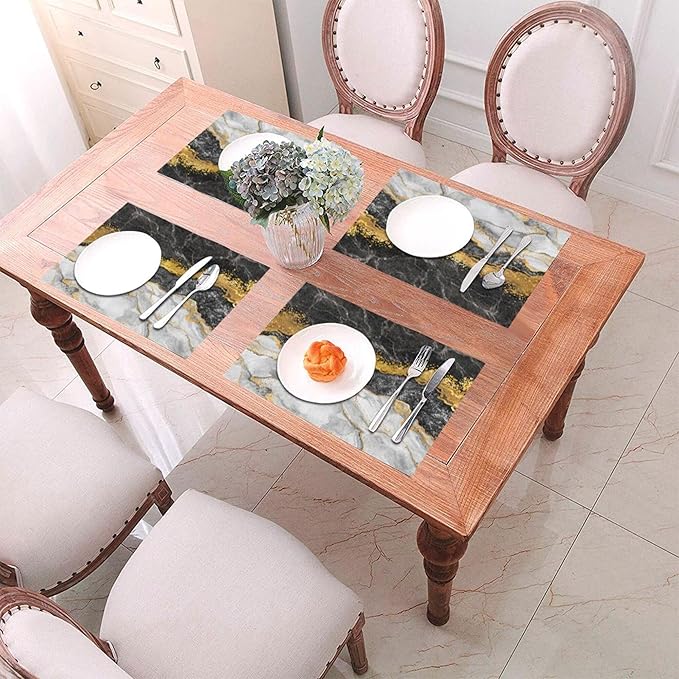Black Gold Marble Placemats Set of 4 Linen Washable Non-Slip Heat-Resistant Gold and Black Grey Kitchen Table Mats for Dining Outdoor Party Home Decor 12x18 Inch Decorative Place Mats