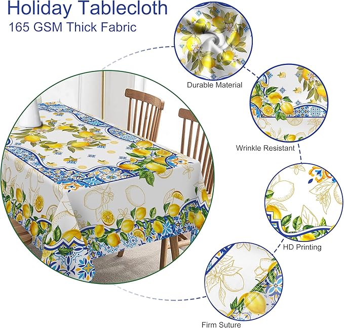 Lemon Tablecloth 60 x 120 Inch Rectangle, Yellow and Blue Mediterranean Summer Decor Tile Flower Pattern Table Cloth Italian Themed Decor for Party Oblong Table Cover for Dining Room