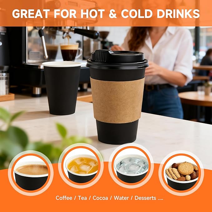 100 Pack 12 oz Disposable Coffee Cups with Lids and Sleeves, Sturdy Paper Cups for Hot/Cold Drinks, Leak-Proof To Go Coffee Cups with Lids for Home, Café, Events, Office, Black