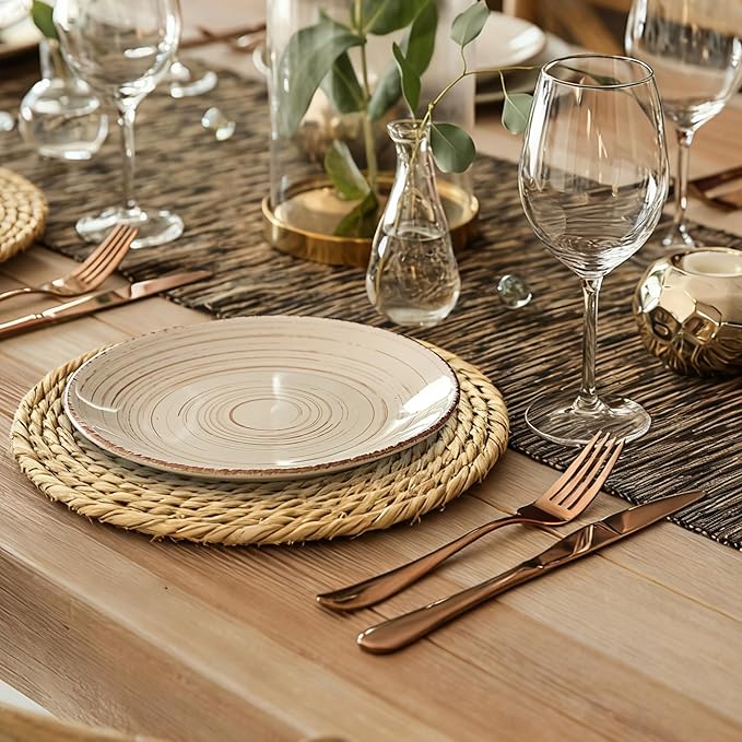 Elcoho 20 Pieces Round Woven Placemats 13.8 Inch Boho Rattan Placemats Farmhouse Braided Place Mats Woven Plate Chargers Rustic Wicker Table Mats for Dining Table
