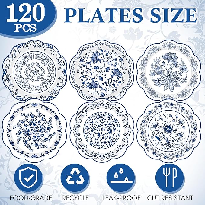 Umigy 120 Pcs 7 Inch Blue and White Floral Disposable Plates Blue Chinoiserie Floral Dessert Paper Plates for Wedding Bridal Shower Party Supplies