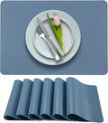More Décor Faux Leather Placemats Set of 6 for Dining Table – Waterproof, Wipeable, Washable, Stain & Heat Resistant, Non-Slip Table Mats – 12 X 17 Inch, (Solid Blue, 6)