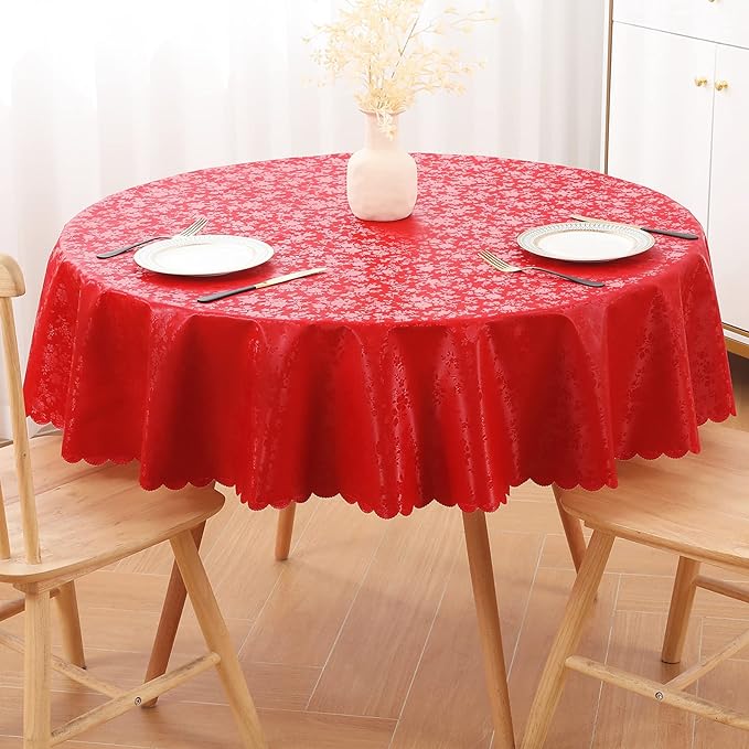 Smiry Round Table Cloth, Waterproof Heavy Duty Vinyl Tablecloths, Wipeable Washable Table Cover for Christmas, Kitchen and Dining Room (Red, 60" Round)