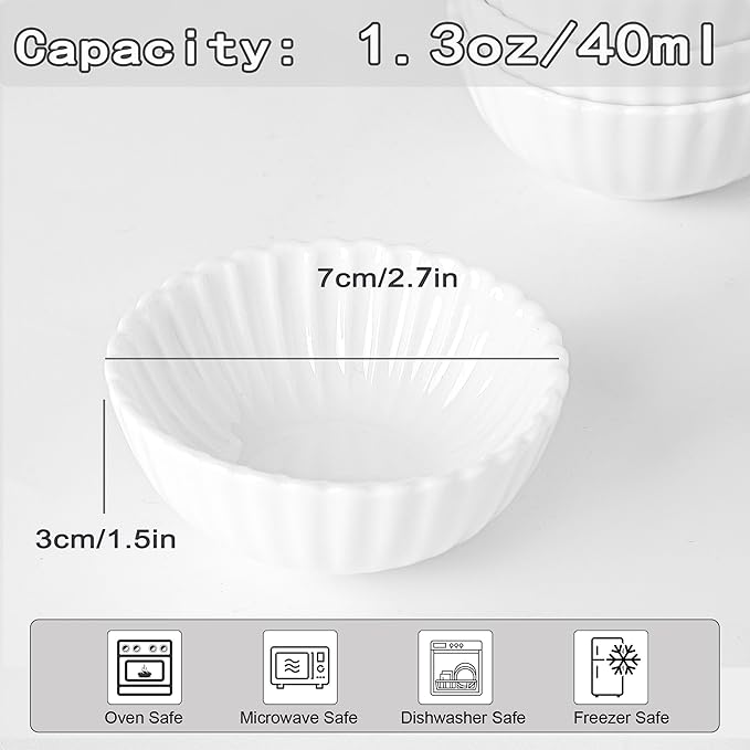 UIBFCWN 20 Pack 1.3Oz Soy Sauce Dish Ceramic, White Dipping Sauce Bowls/Dishes, Small Dipping Cups for Sushi Ketchup Olive Oil Side Dishes, Mini Dip Bowls for Charcuterie Boards - 2.7inch