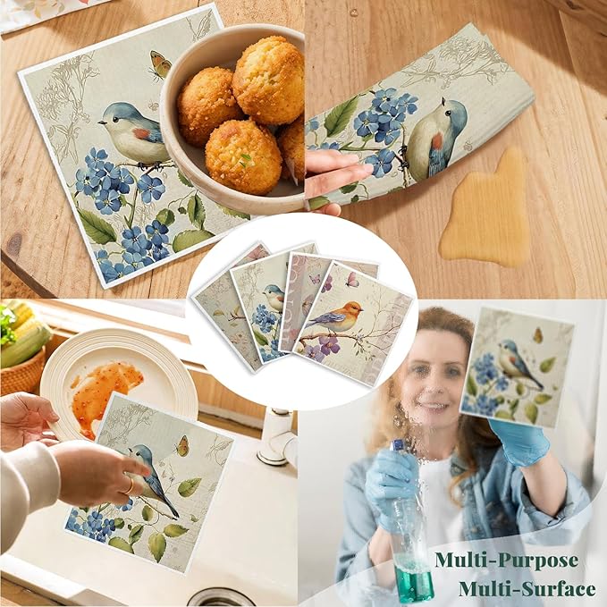 Bird Swedish Dishcloths for Kitchen, Swedish Dish Cleaning Cloths for Spring，Papaya Reusable Paper Towels, 4 Pack Dish Towels for Kitchen, Reusable Paper Dishcloths Washable