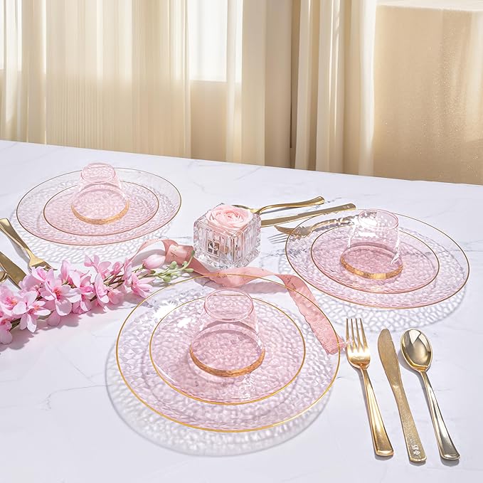 DaYammi 100PCS Pink Gold Plastic Plates - 10 inch Clear Pink Gold Dinner Plates - Hammer Pattern Design - Fancy Disposable Plate - Heavy Duty Party Plate Ideal for Wedding