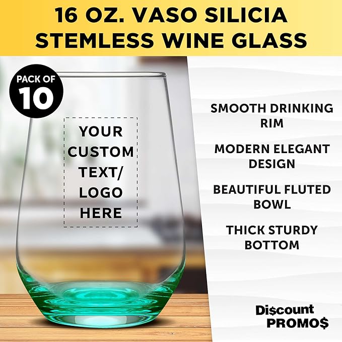 DISCOUNT PROMOS 10 Vaso Silicia Stemless Wine Glasses Set, 16 oz. - Personalized Text, Logo - Clear, Orb-Like, Thick base - Green
