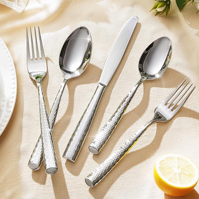 Kingstone Hammered Silverware Set, 60-Piece Flatware Set for 12, 18/10 Stainless Steel Heavy Duty Cutlery Set, Mirror Polished Utensil Sets for Home, Restaurant, wedding, Dishwasher Safe