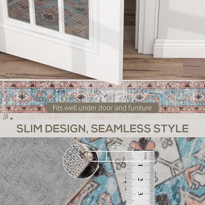 HOMCOM Washable Area Rug, 4'x6' Vintage Indoor Distressed Carpet, Retro Floor Cover Foldable, Floral Print Mat for Living Room, Bedroom, Dining Room, Brown and Blue