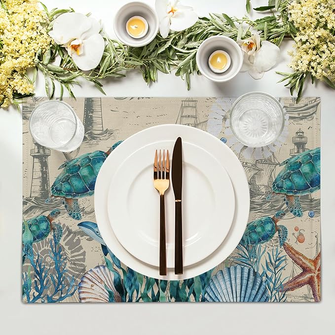 Nautical Placemats Set of 4 - Vintage Coastal Place Mats 12x18 Sea Turtle Table Mats Beach Kitchen Mats for Party Dining Table