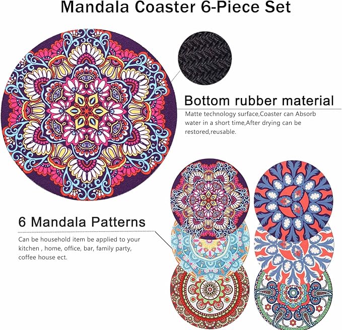 Round Coasters Set of 6,Non Slip Rubber Coasters for Drinks,Mandala Pattern Design Coaster for Coffee Table Wine Glass Home Bar 4.7 Inch