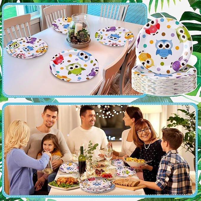 48 Pcs Cute Owls Plates Set Include 9 Inch and 7 Inch Watercolor Animal Disposable Plates Animal Party Decorative Dinner Birthday Tableware for Party Supplies
