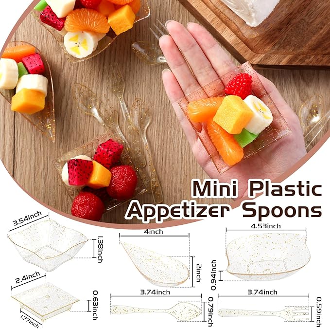 Tessco 800 Pcs Mini Appetizer Plates Set Including 400 Disposable Dessert Plates Assorted Shape 200 Mini Plastic Forks 200 Plastic Spoons for Party(Clear, Gold,Glitter)