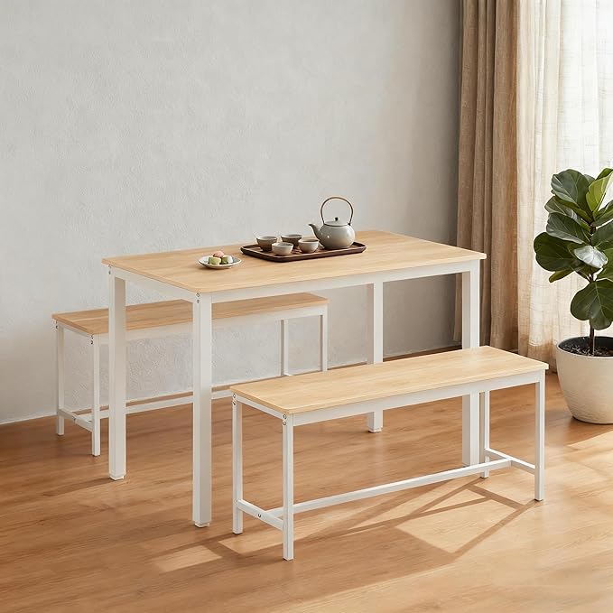 Dining Table Set for 4, Wooden Kitchen Table and 2 Benches Set with Metal Frame, Rectangular Dining Room Table Set for Small Space, Living Room, Apartment, Breakfast Nook, 43.3" L x 23.6" W x 29.9" H