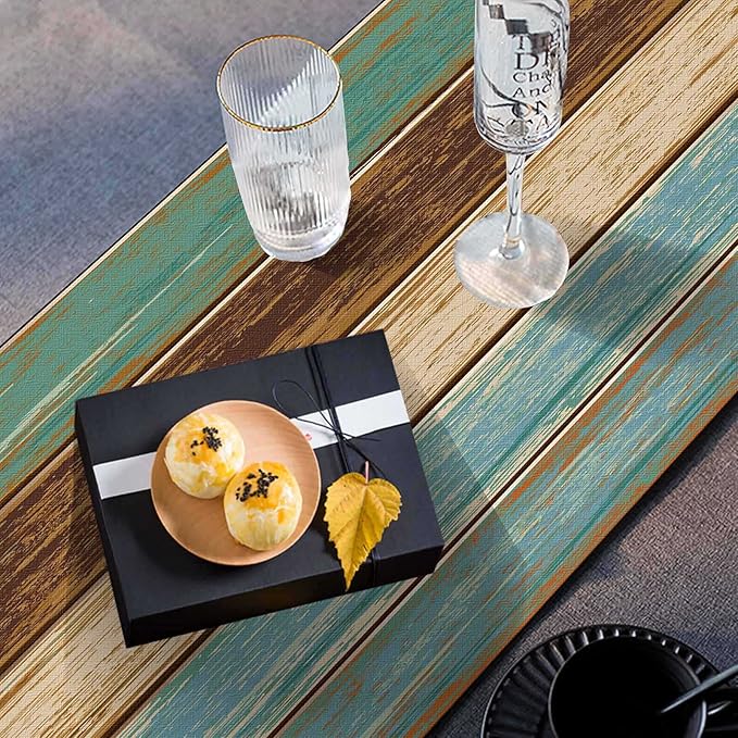 Mcalk Farmhouse Table Runner and Placemats Set of 6 Pieces, Teal and Brown Placemats Wooden Texture,Rectangle Cloth Place Mats Indoor for Kitchen,Washable Placemats Linen Material for Living Table