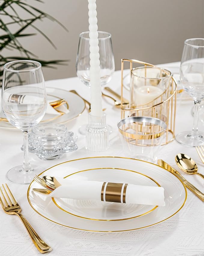 Morejoy 60Pcs Pearl White Plastic Plates,White Disposable Plates With Gold Rim,Heavy-duty Gold Plates, Modern swirl design Plate Include 30Clear Dessert-Platos,30Dinner-Platos for Party&Christmas