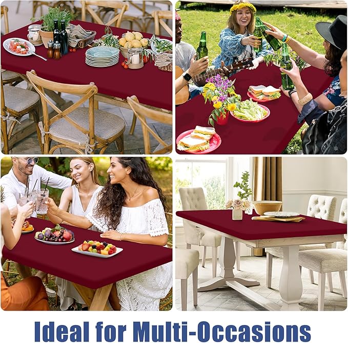 Spandex 6 Foot Rectangle Table Cloth 2 Pack, Elastic Fitted Tablecloths for Picnic, Stretch Washable Patio Table Cover for Outdoor, Camping, Banquet and Parties (Wine Red, 30"x72")