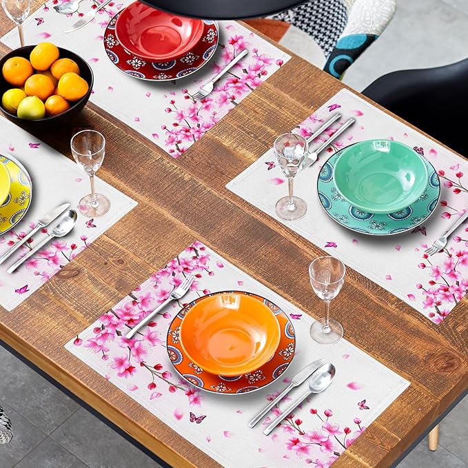 Cherry Blossom Placemats - Sakura Place Mats Set of 4 Pink Floral Flower Tablemats 12x18 for Party Kitchen Dining Farmhouse