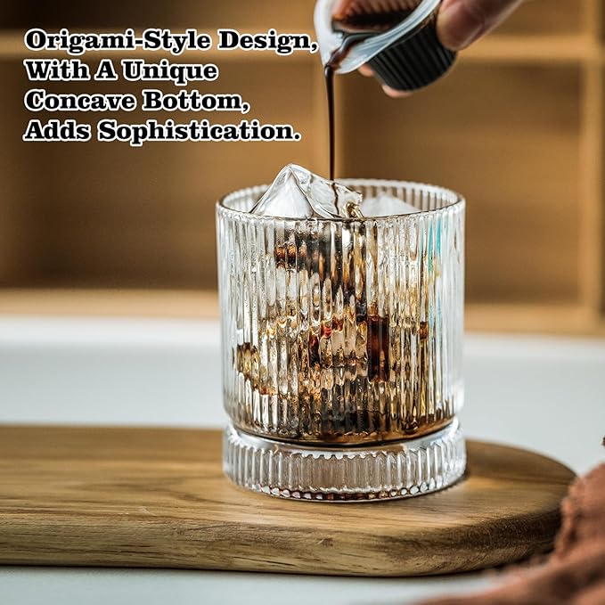 KEMORELA Drinking Glasses Set of 8, Ribbed Glassware, 13 Oz Old Fashioned Whiskey Glass, Vintage Glassware, Origami Style Cocktail Glasses, Clear Bar Glasses for Iced Coffee & Beverages (8PCS)