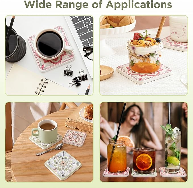 Coasters Set of 4, Square Drink Coasters Absorbent Heat Resistant Diatomite Coaster Cup Mats Vintage Home Decor for Coffee Table Desktop Protection (B, 3.9" x 3.9", 4pcs)