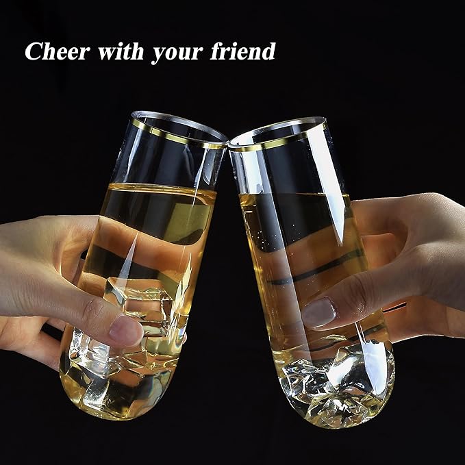 24 Pack 9 oz Stemless Plastic Champagne Flutes, Clear Disposable Champagne Glasses Gold Rim, Shatterproof and BPA-Free Drinkware for Party & Graduation & Wedding