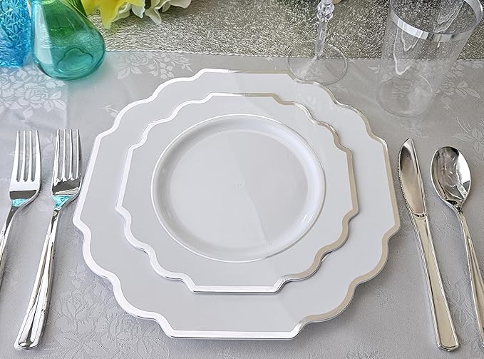 " OCCASIONS " 240 Plates Pack (120 Guests) Heavyweight Wedding Party Disposable Plastic Plates Set -120 x 10.5'' Dinner + 120 x 8'' Salad/Dessert Plate (Imperial in White & Silver Rim)