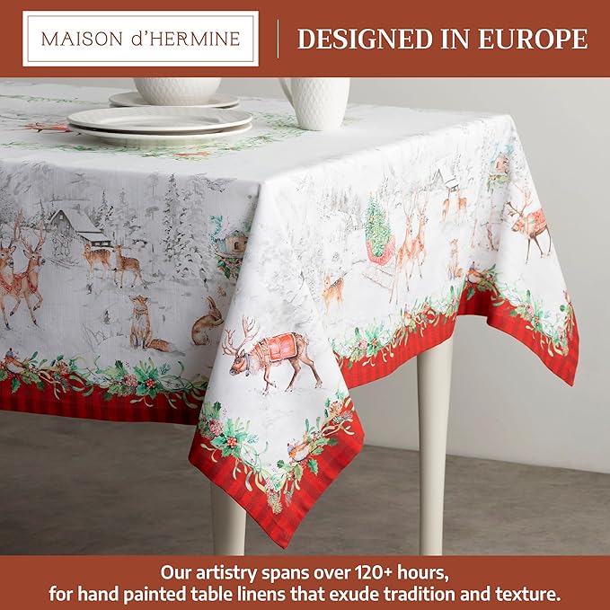 Maison d' Hermine Table Cloth Rectangle Table 100% Cotton 70 x 90 Inches Fall Tablecloth Reusable Everyday Use for Thanksgiving Christmas Decorations Dining Farmhouse Party (Christmas Tradition)