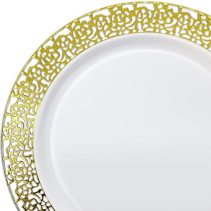 OCCASIONS 120 Plates Pack,(60 Guests) Premium Wedding Party Disposable Plastic Plates Set -60 x 10.25'' Dinner + 60 x 7.5'' Salad/Dessert (Florence White/Gold)